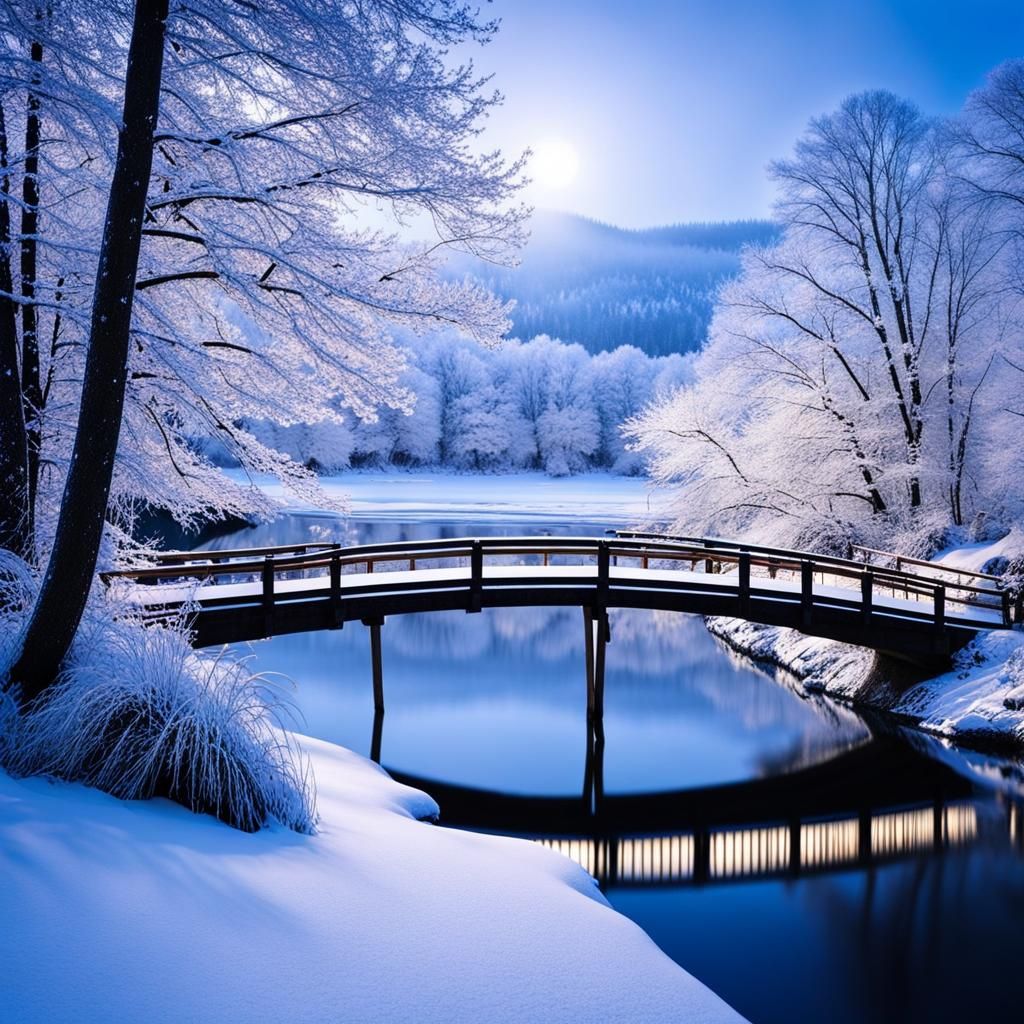Peaceful Winter Riverscape with Japanese Bridge