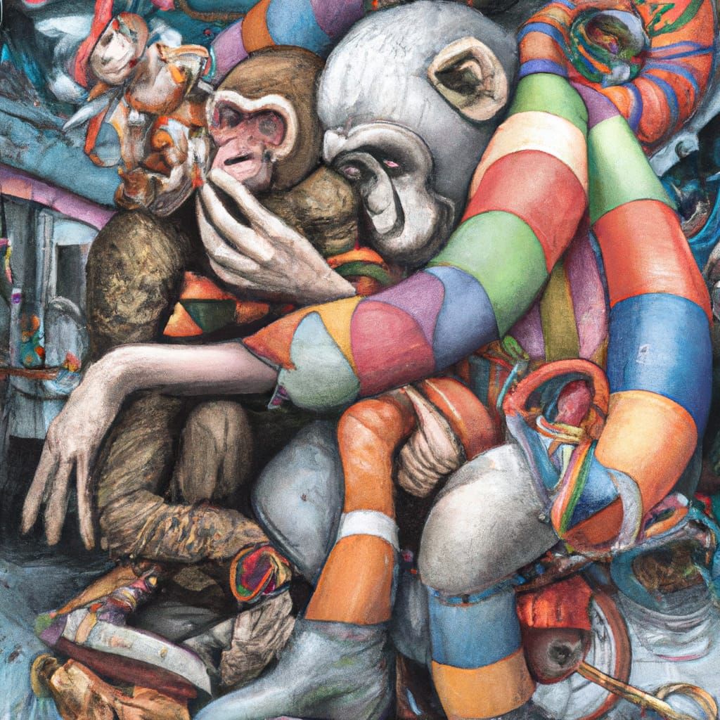 Monkey Comforts Clown in Post-Apocalyptic Art Style