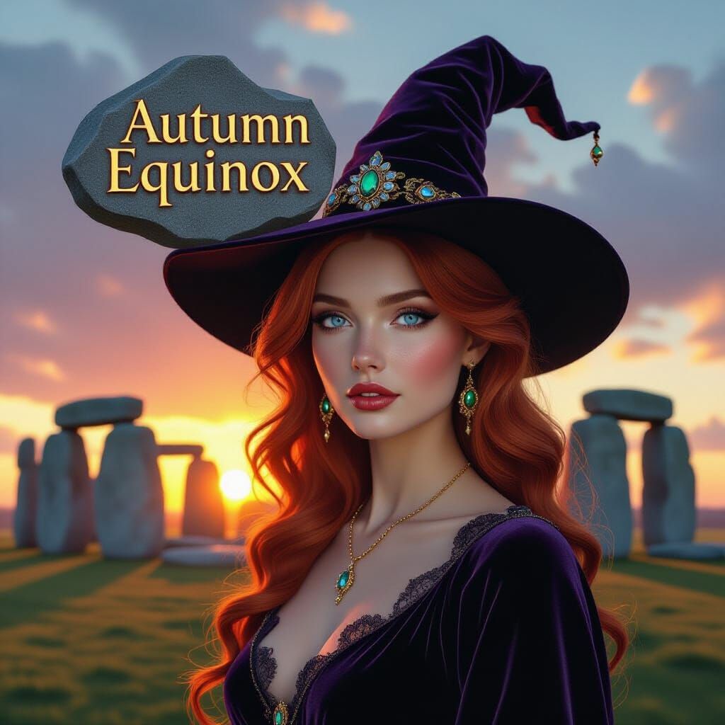 Surreal Autumn Equinox Scene: Redhead Witch at Stonehenge