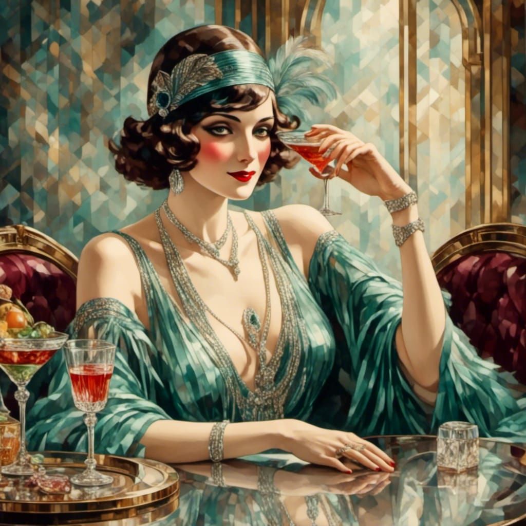 Elegant Woman Sipping Cocktail in Art Deco Style