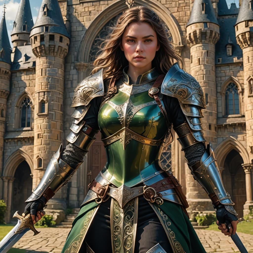 Hyperrealistic Female Warrior in Front of Castle