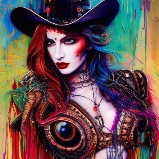 Steampunk Cowgirl Outlaw in Red and Black