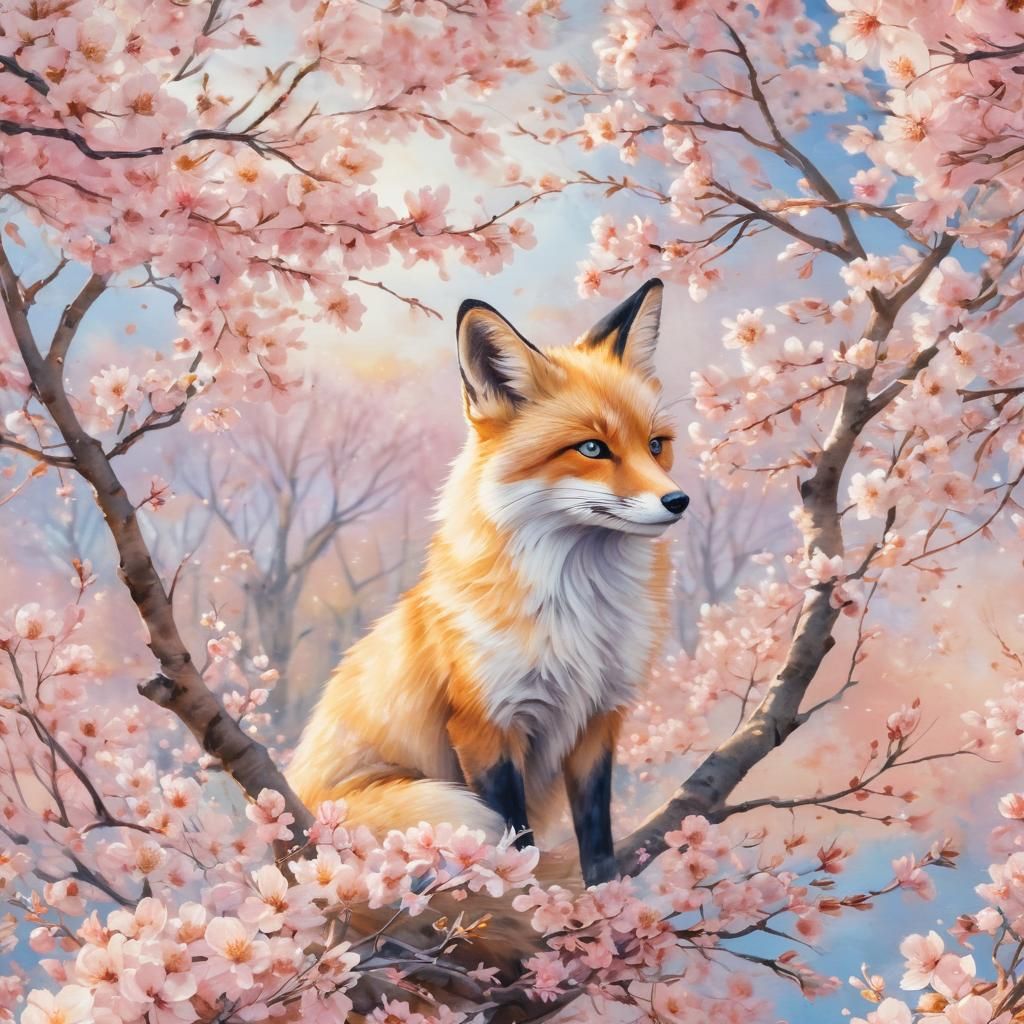 Blue-Eyed Fox in Watercolor Cherry Blossom Garden
