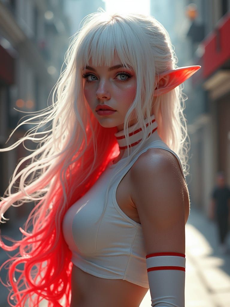 Gothic Elf with Neon Hair in Photorealistic Style