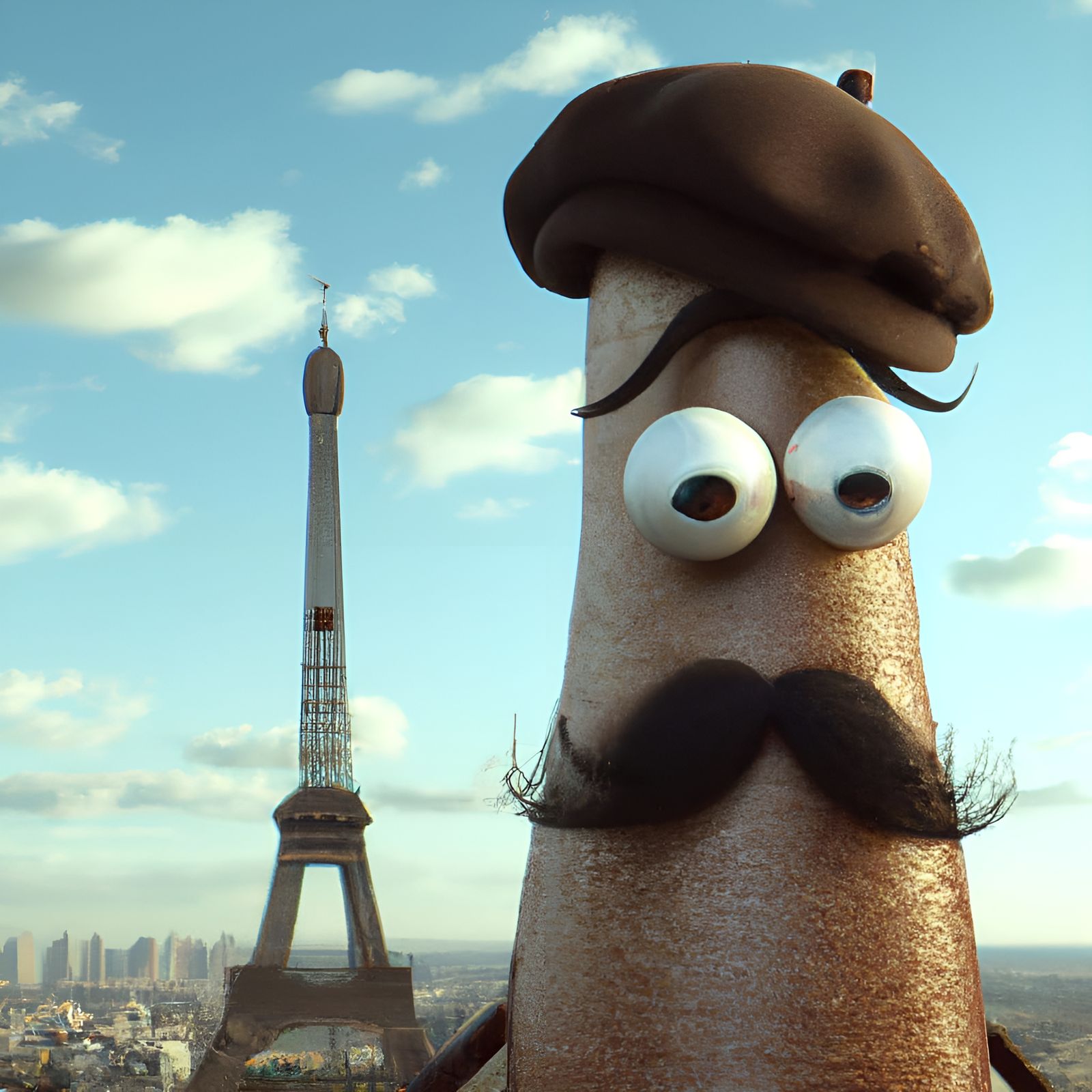 Potato with Beret at Eiffel Tower, 3D Render