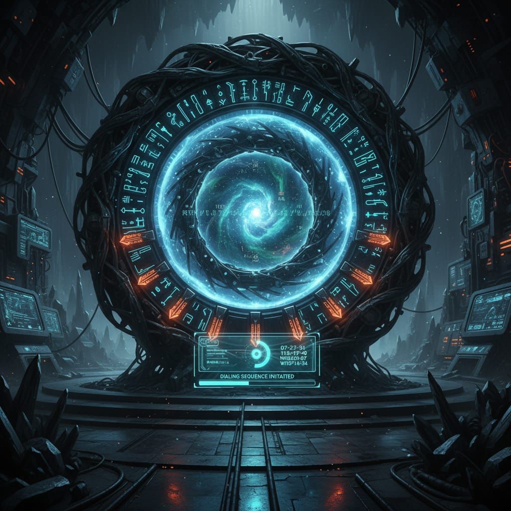 Glowing Hieroglyphs on a Stargate, Futuristic Mysticism