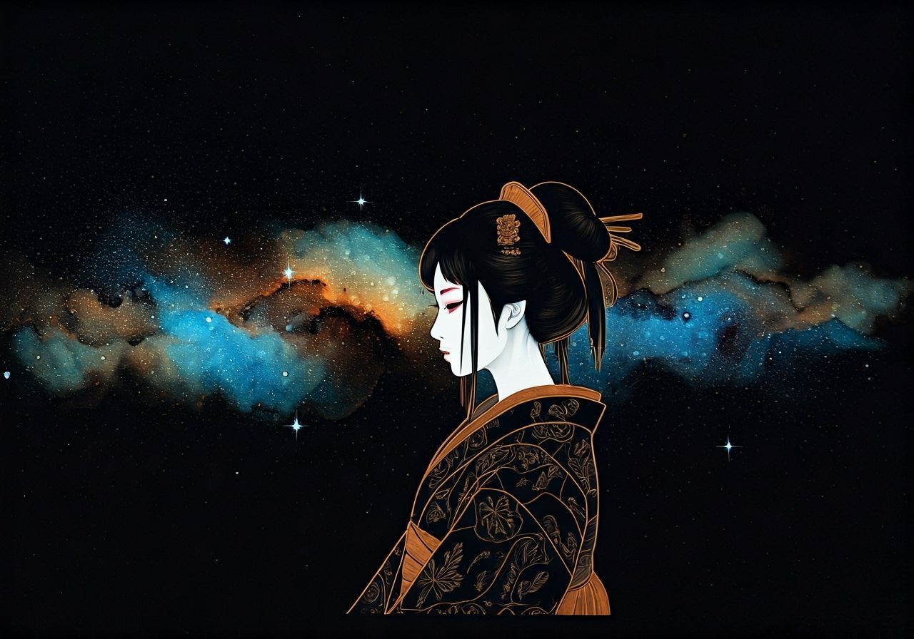 Geisha Contemplating Nebula in Abstract Cosmic Art Style