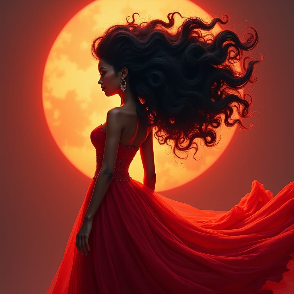 Elegant Woman in Red Gown, Fantasy Concept Art