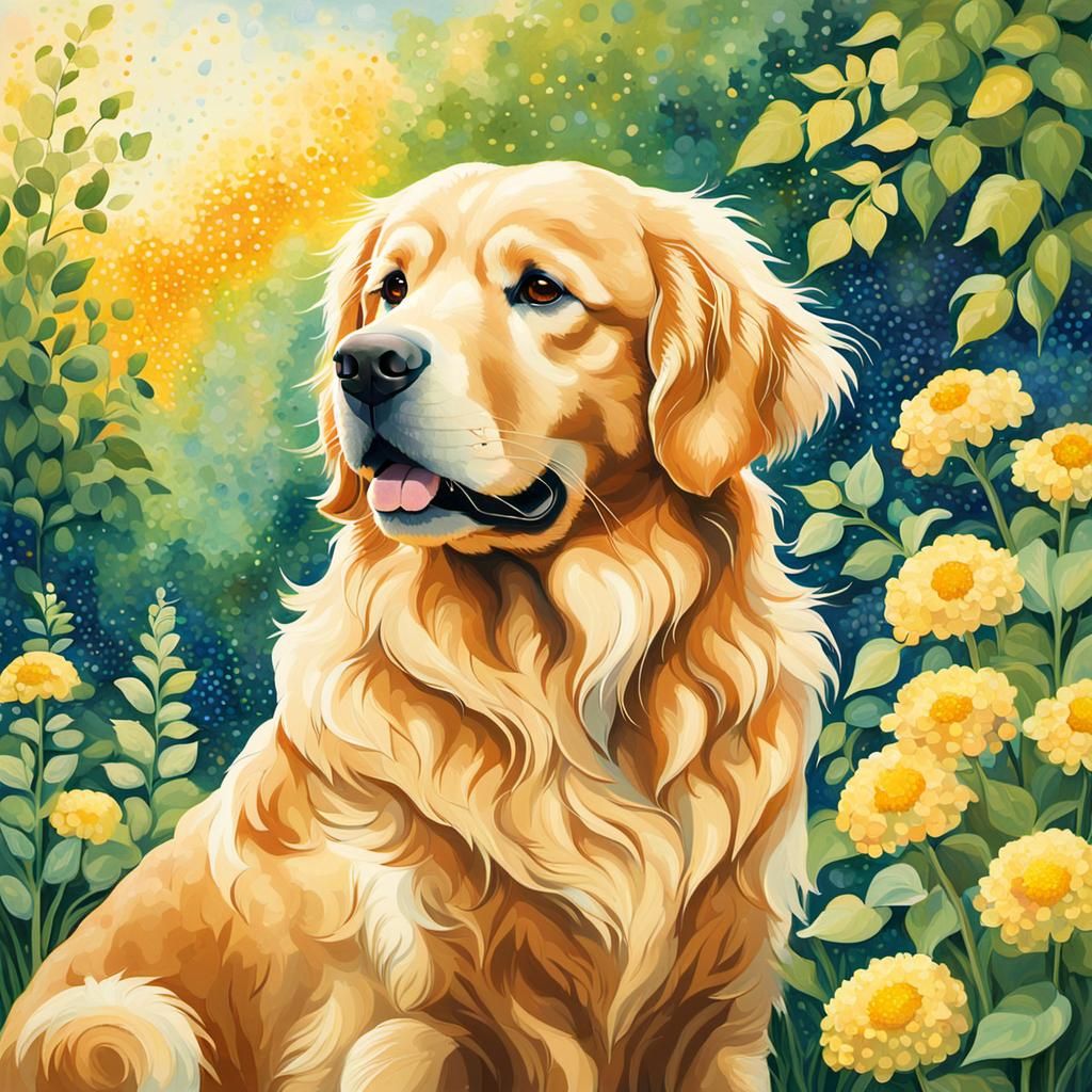 Golden Retriever in Pointillist Garden, Unreal Engine 5