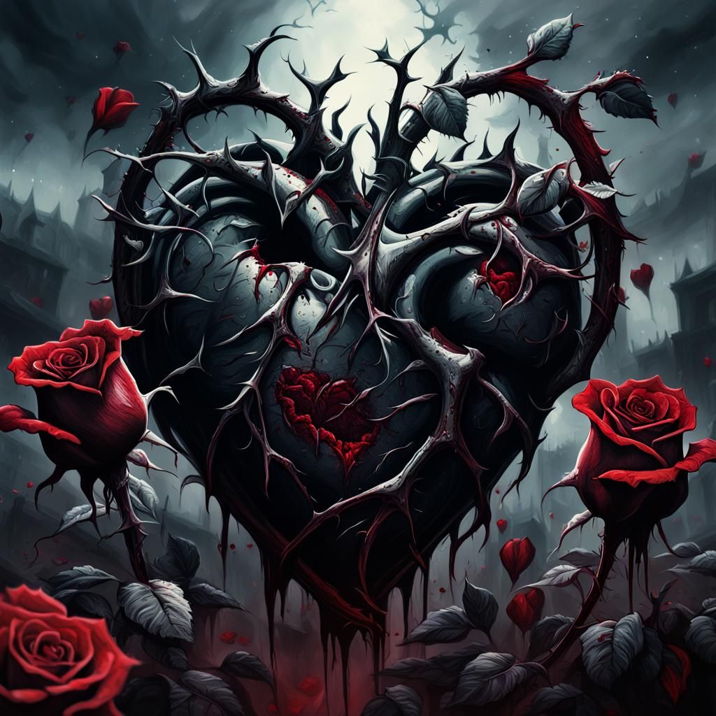 Bleeding Heart Surrounded by Black Roses