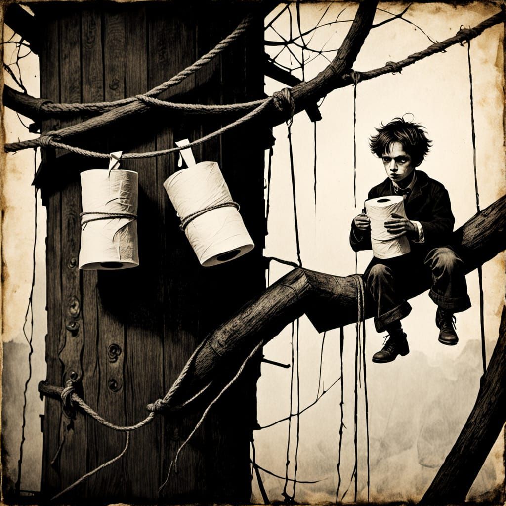 Villainous Boy in Treehouse Den with Toilet Paper Binoculars