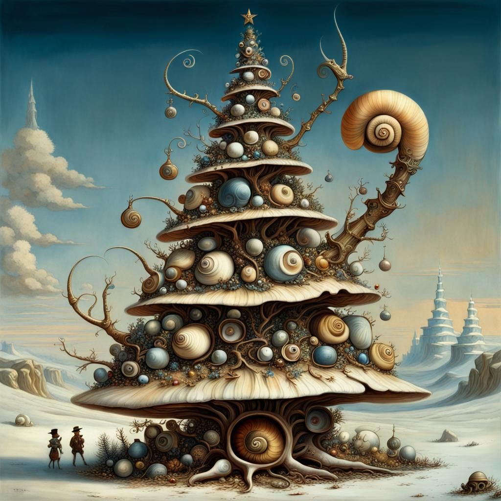 Steampunk Snail Shell Christmas Tree, Surrealist Painting