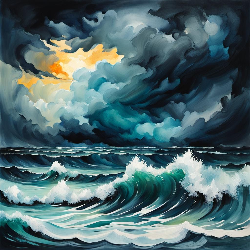 Stormy Ocean Gouache Painting in Impressionist Style