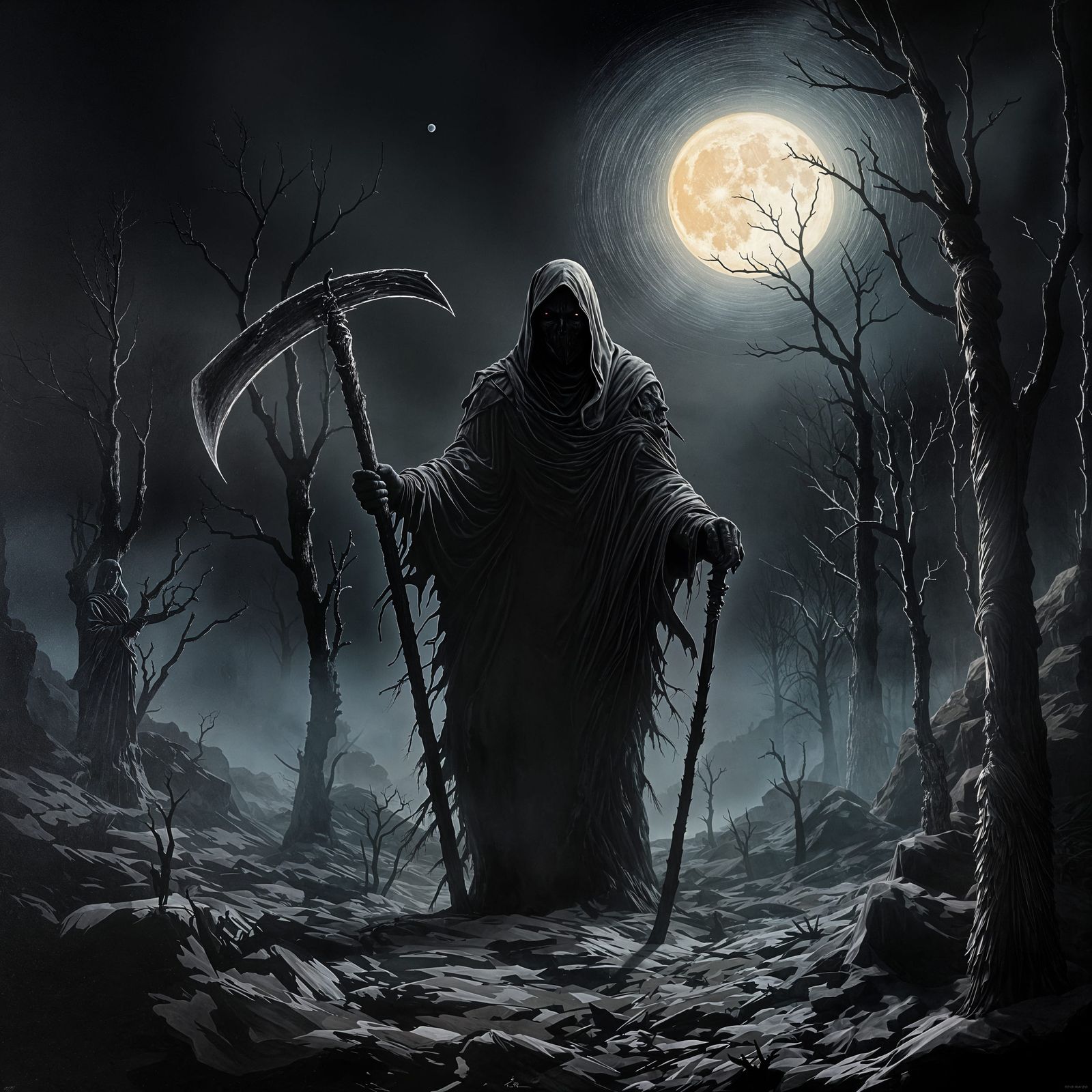 The Grim Reaper Stands in Barren Forest at Full Moon