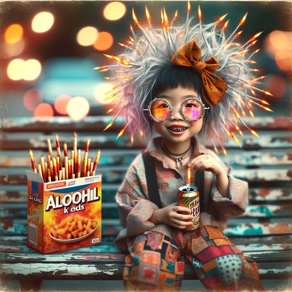 Punk Girl with Mismatched Clothes Eating Spicy Snacks