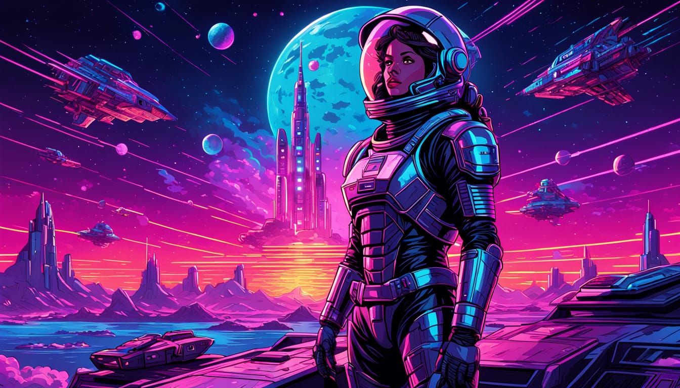 Neon-Lit Warrior Astronaut in Retro-Futuristic Cyberpunk Ski...