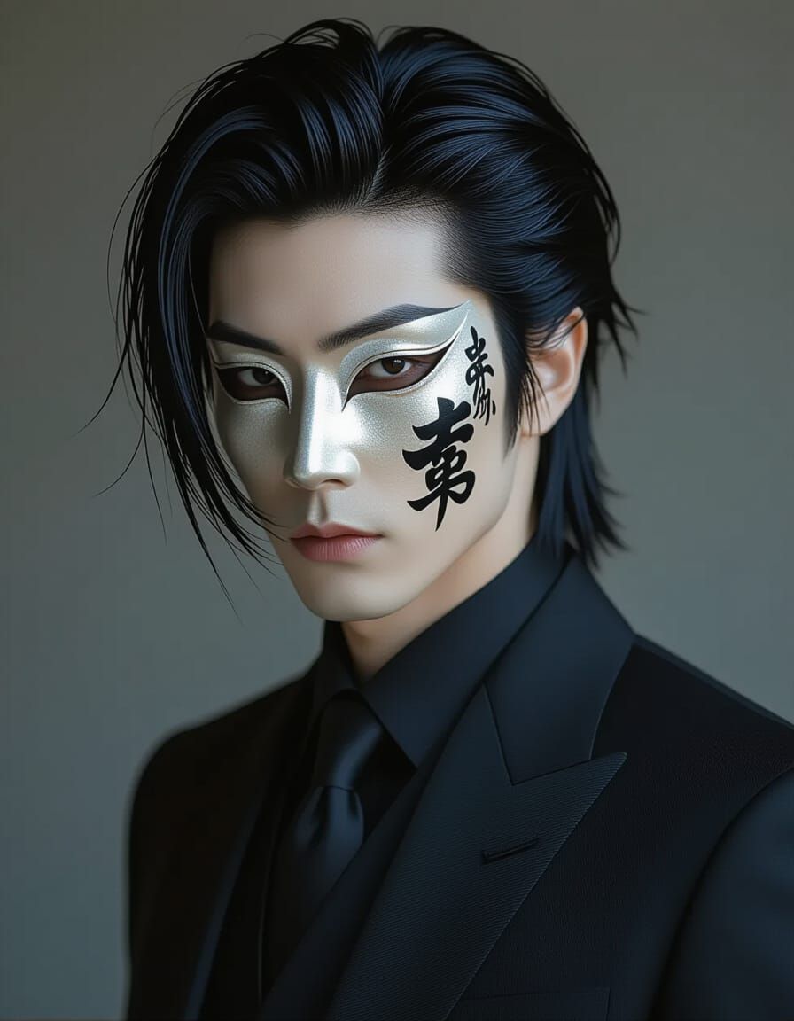 Kabuki Masked Man with Silver Streaked Hair