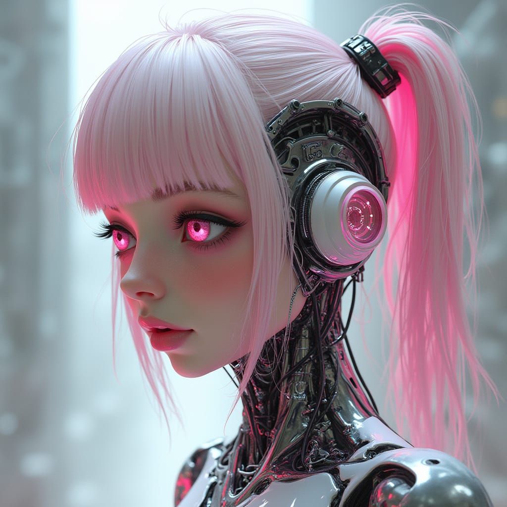 Cybernetic Goddess in Chrome Steel and Pink Circuitry