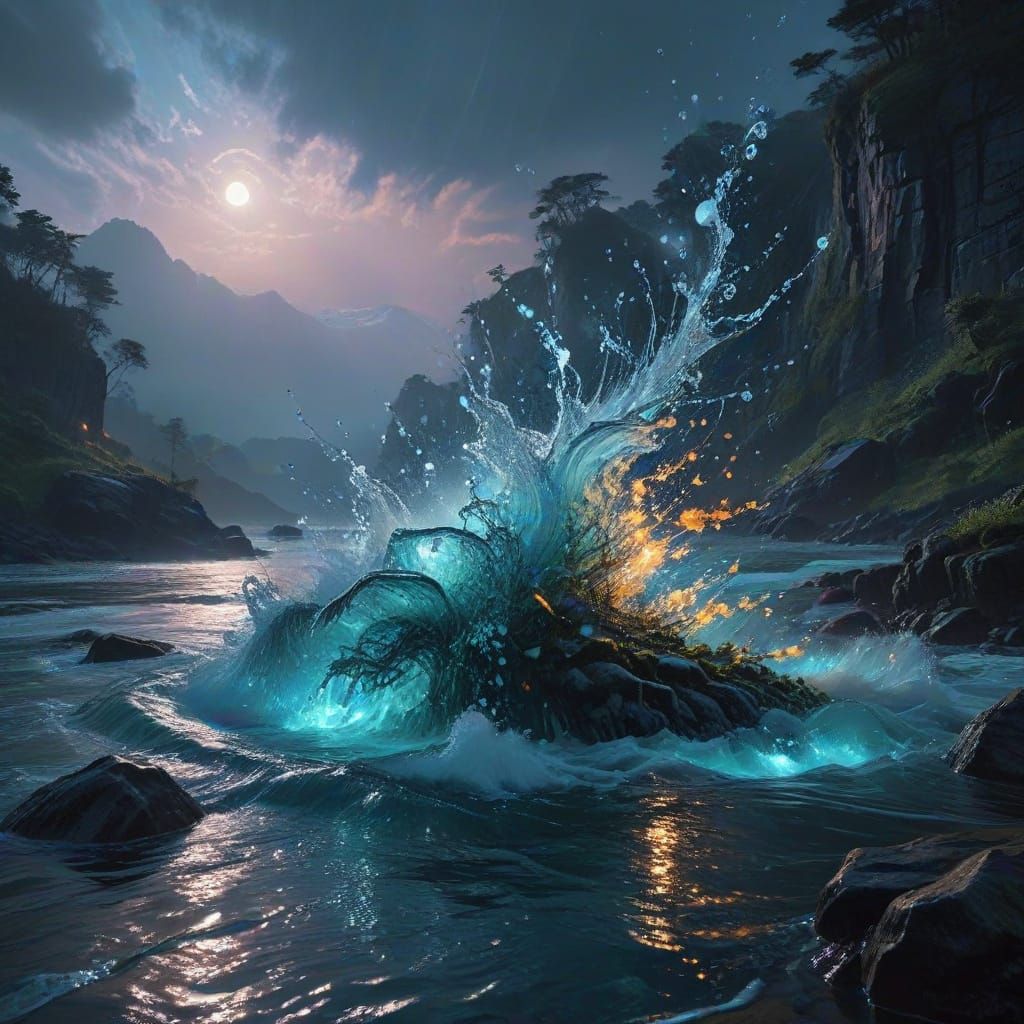 Moonlit Water Sculpture in Ethereal Lagoon