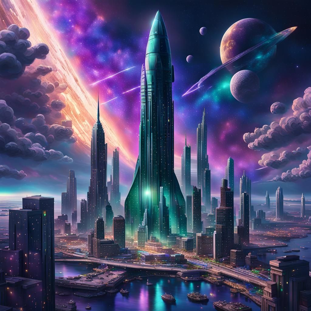 City Rocket Soars Through Emerald and Sapphire Space