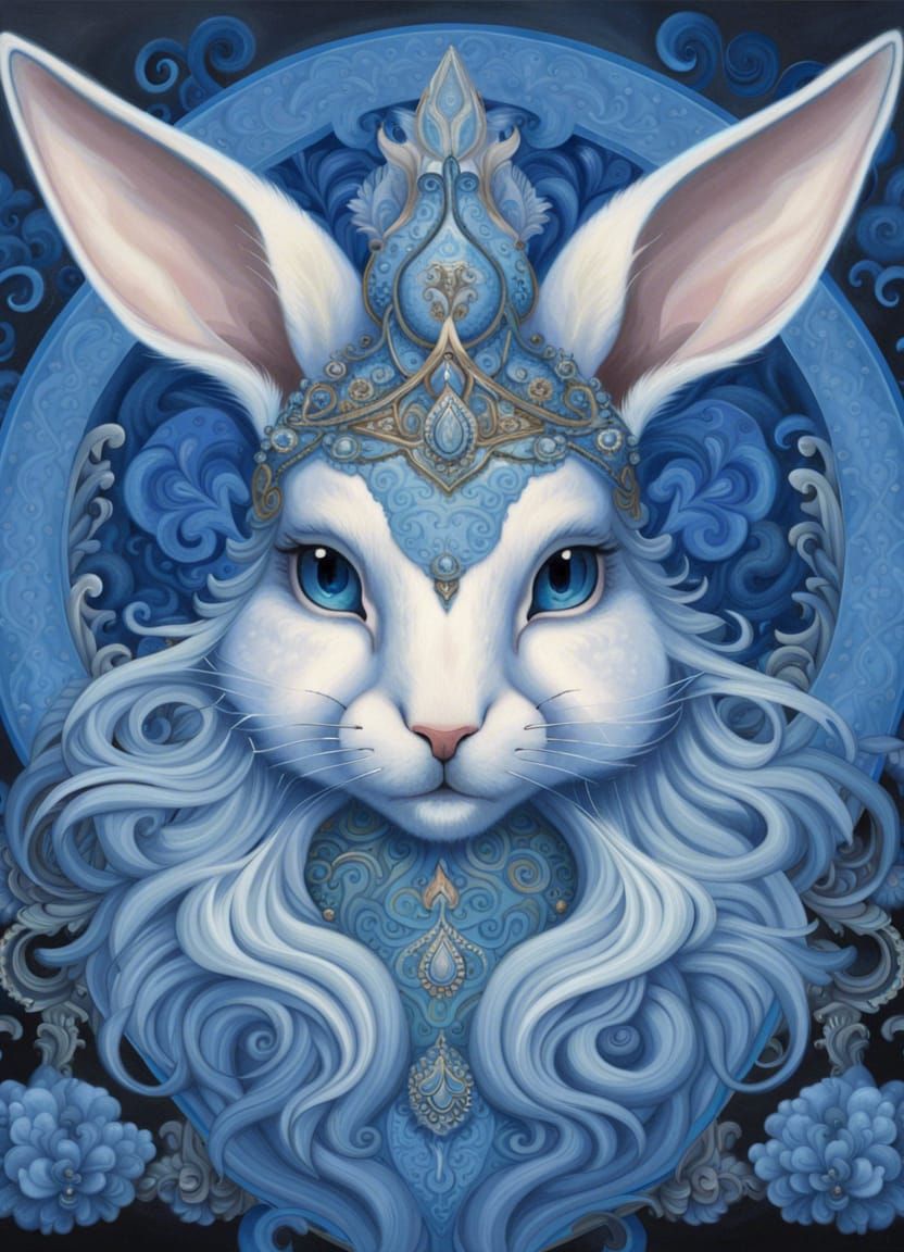 Fantasy Rabbit Portrait in Ornate Blue