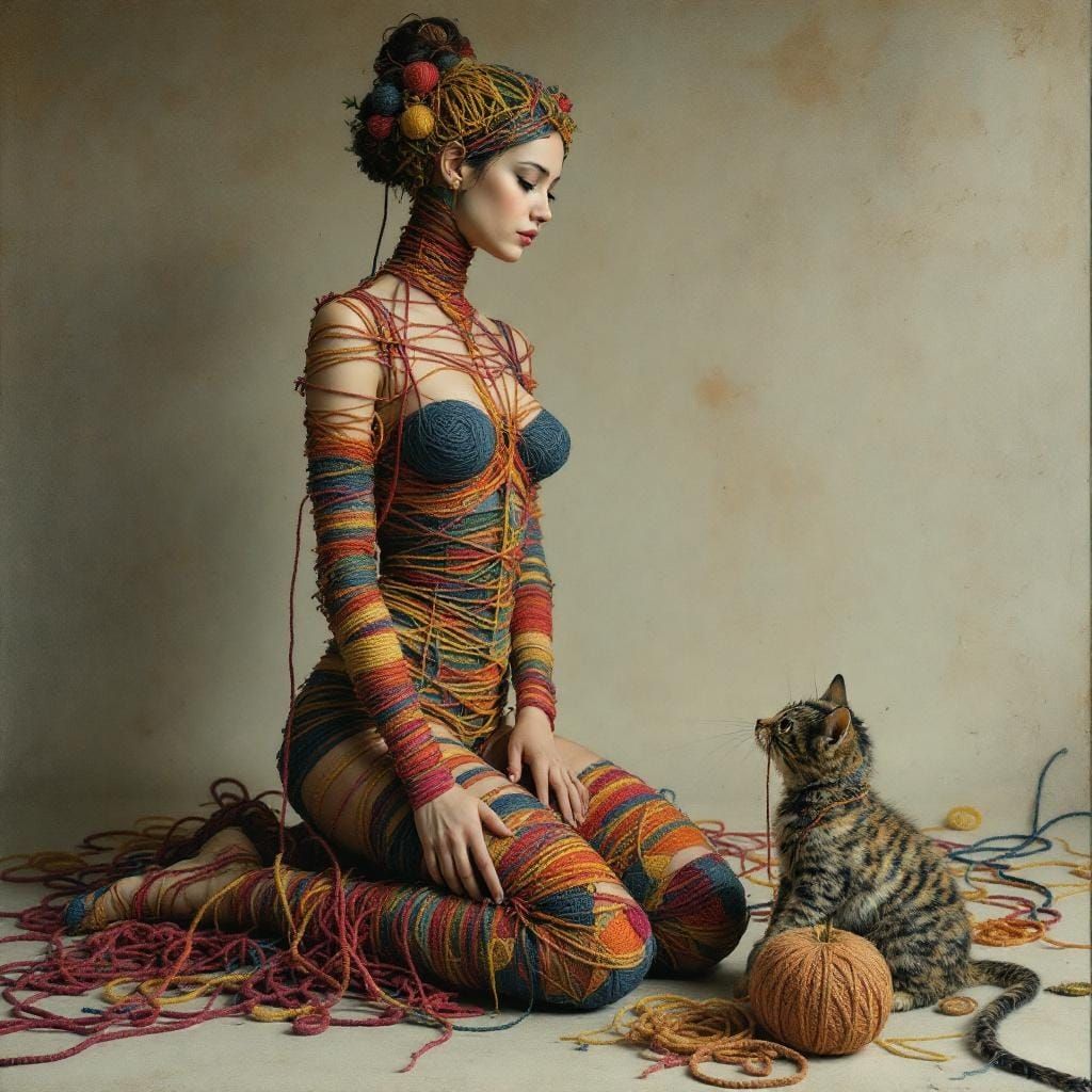 Woman Knitting Herself in Modigliani, Holbein, Wood Style