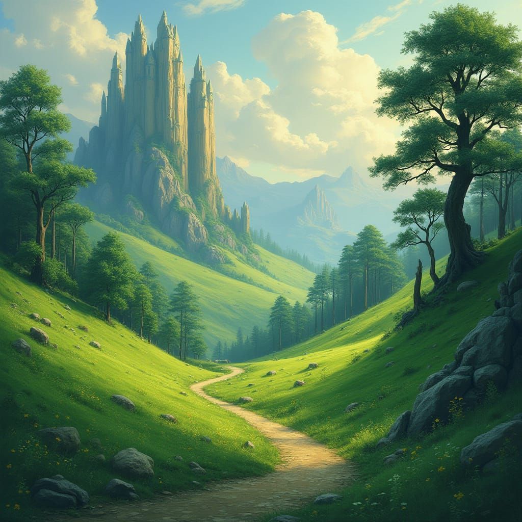 Dreamlike Fantasy Realm with Emerald Hills and Crystal Spire...