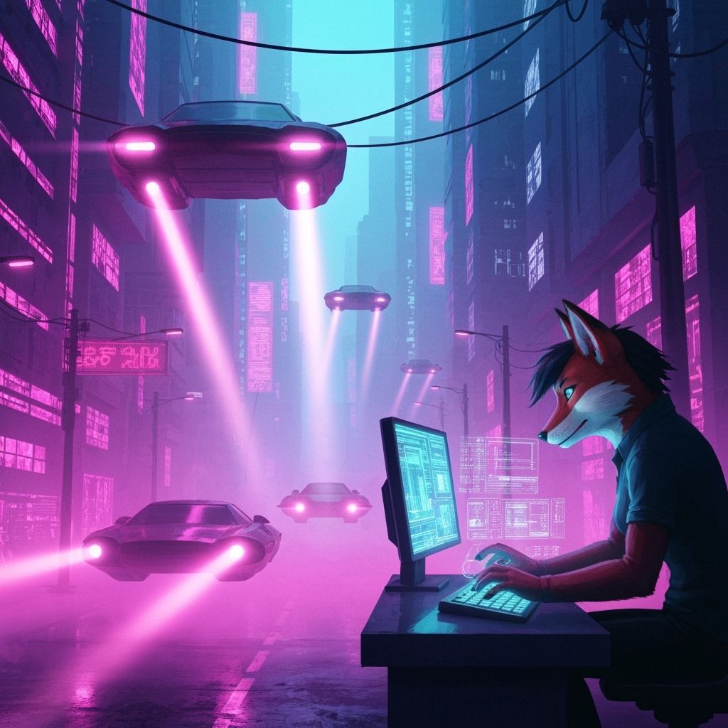 Cyberpunk Cityscape with Fox Hacker in Neon Style