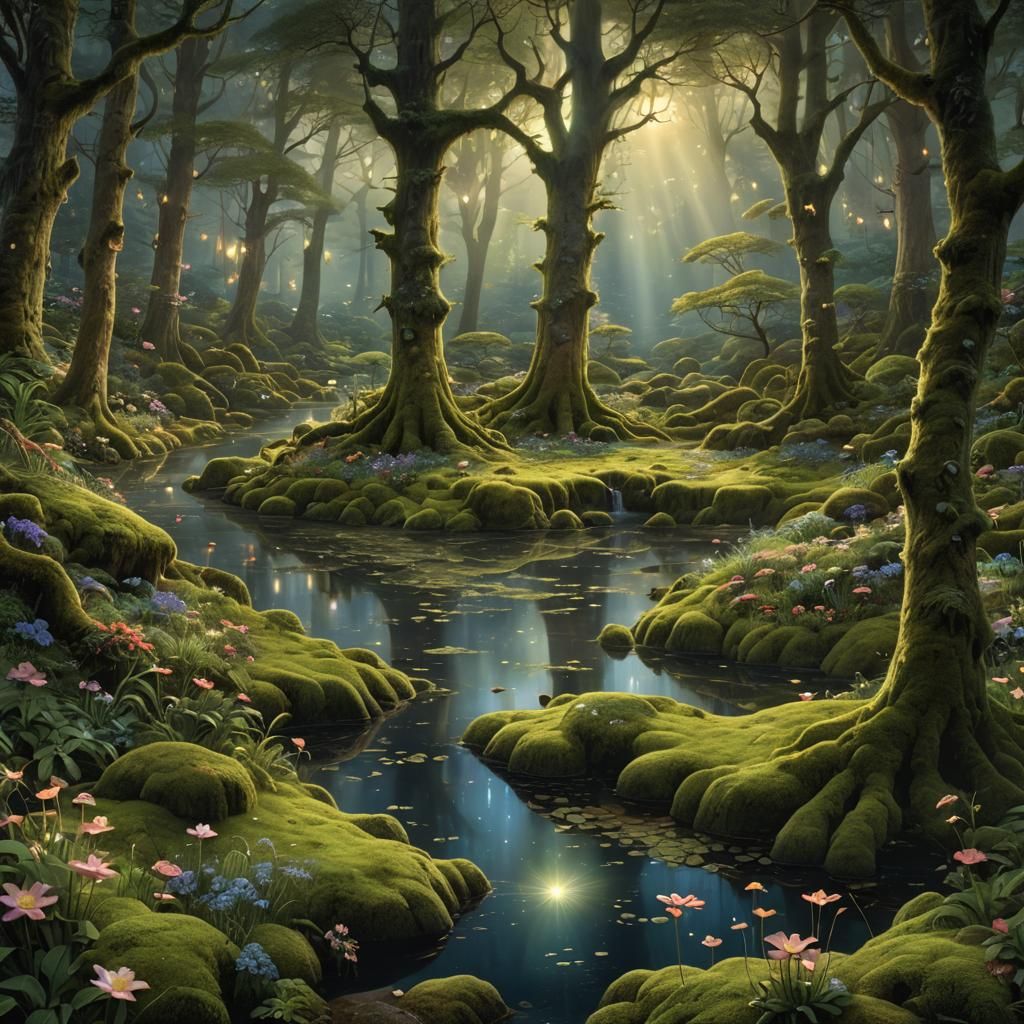 Enchanted Forest with Glowing Moss and Magic Flowers