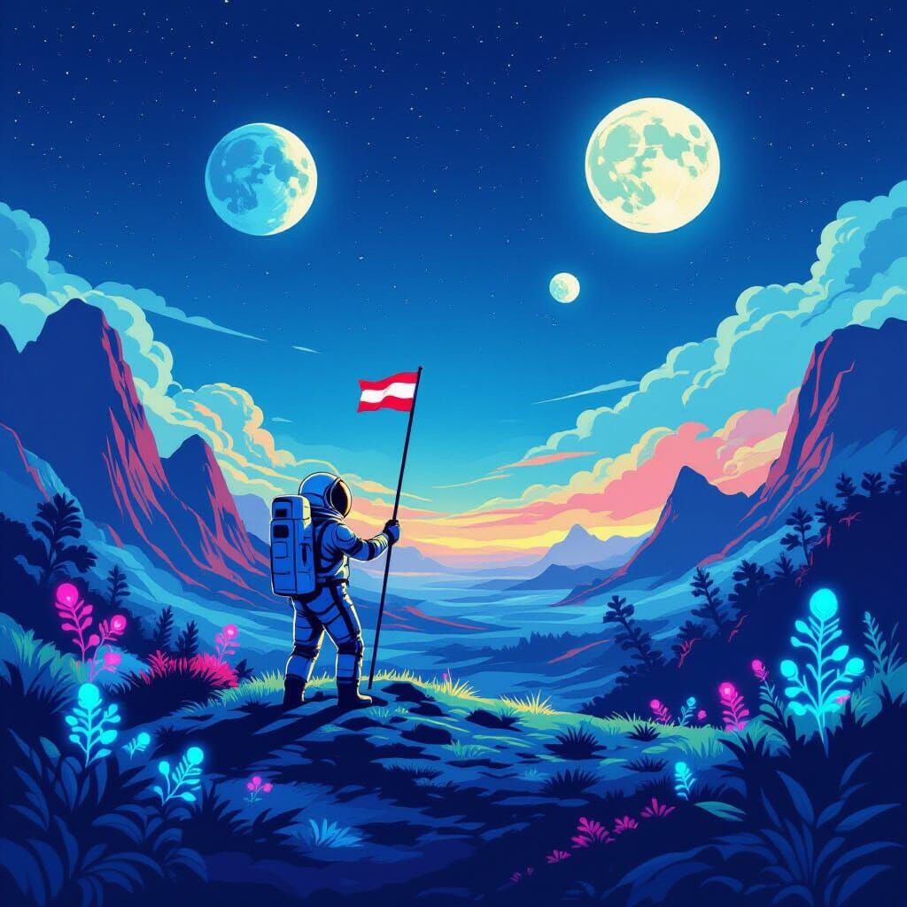 Astronaut Plants Flag on Alien World with Two Moons