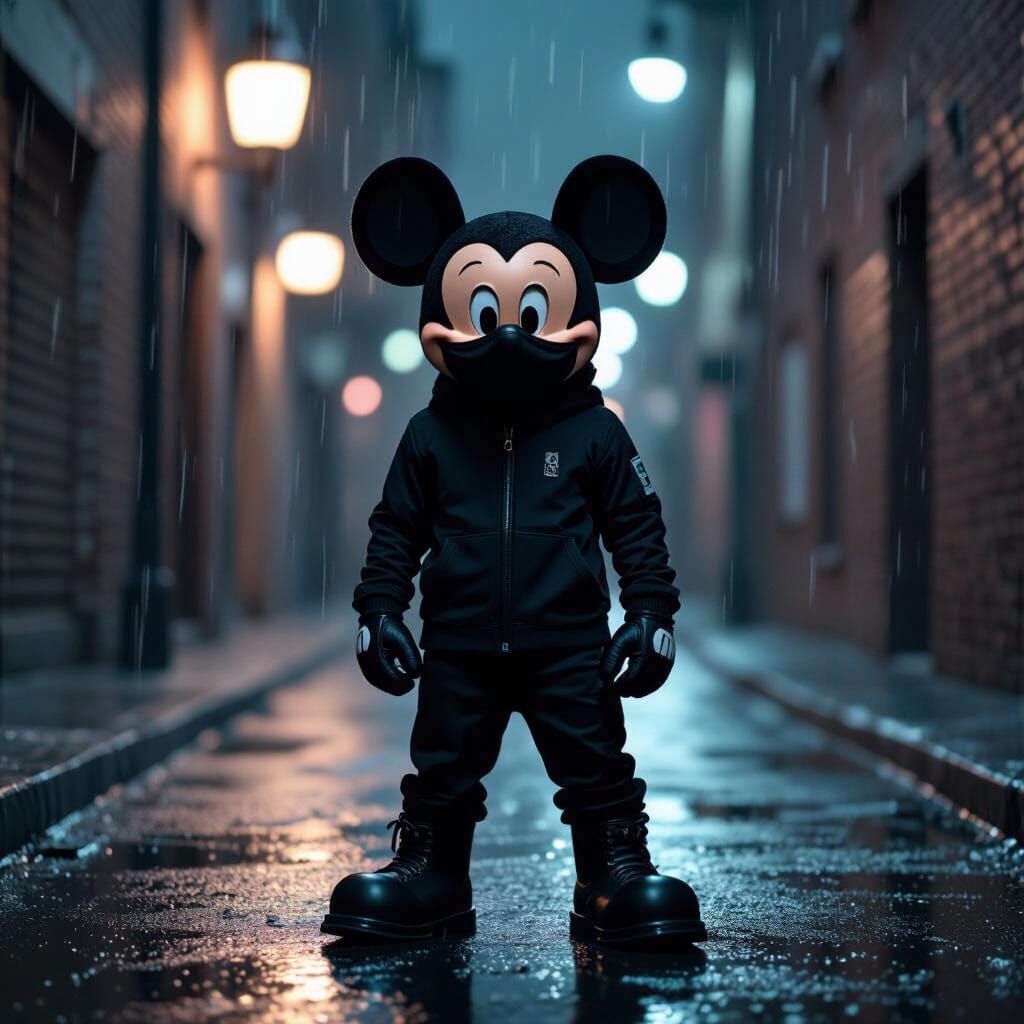 Mickey Mouse in Ski Mask in Dark Rainy Alley