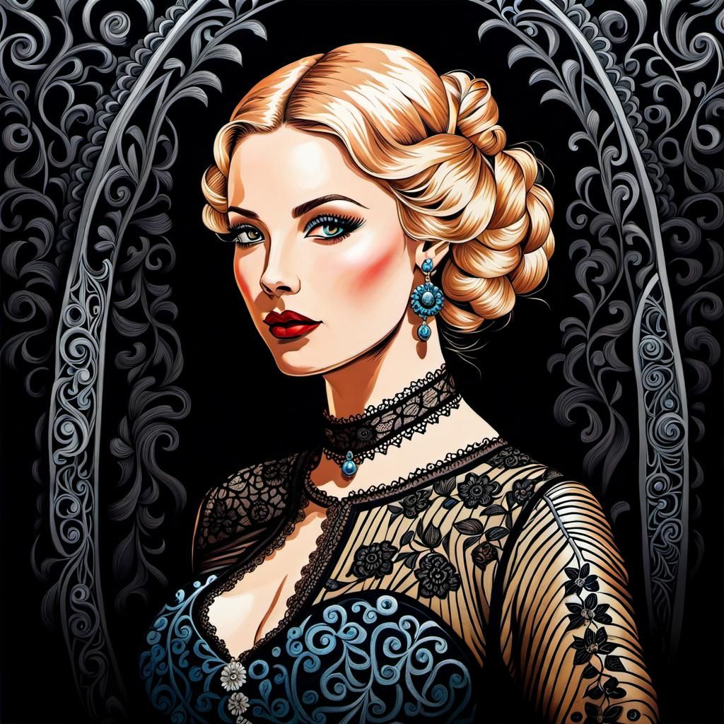 (((Black lace dressed beautiful blond female))) , Zentangle ...