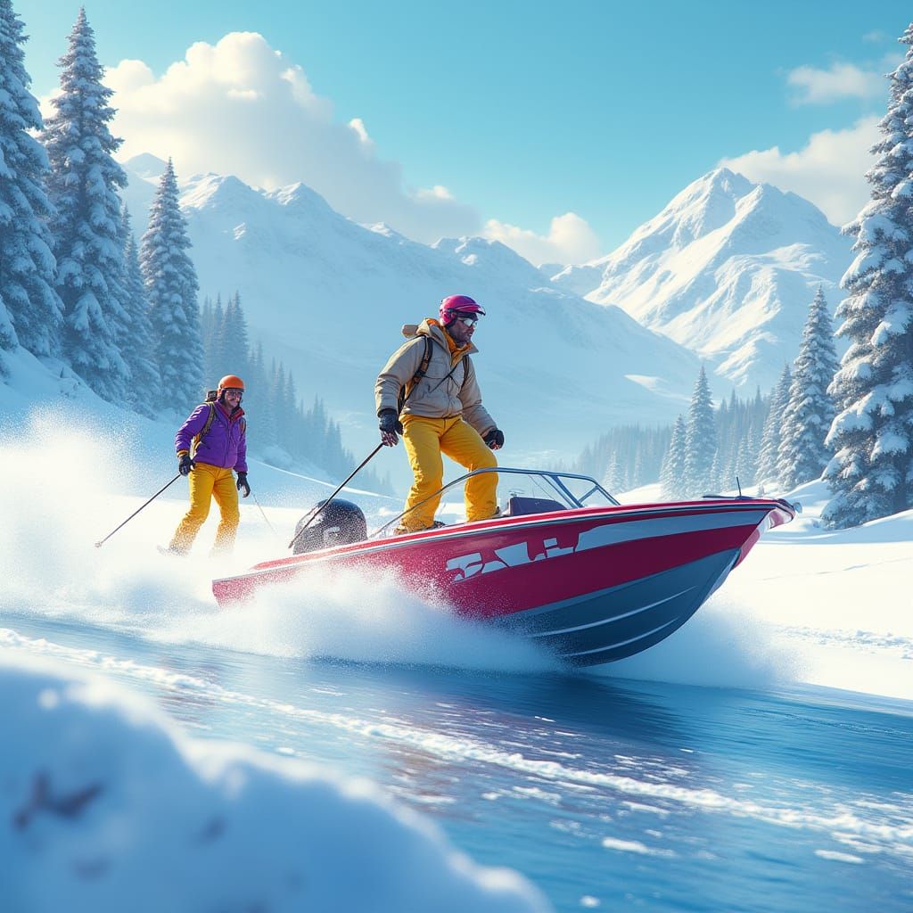 Winter Wonderland Skier in Vibrant Summer Attire, Towed by S...