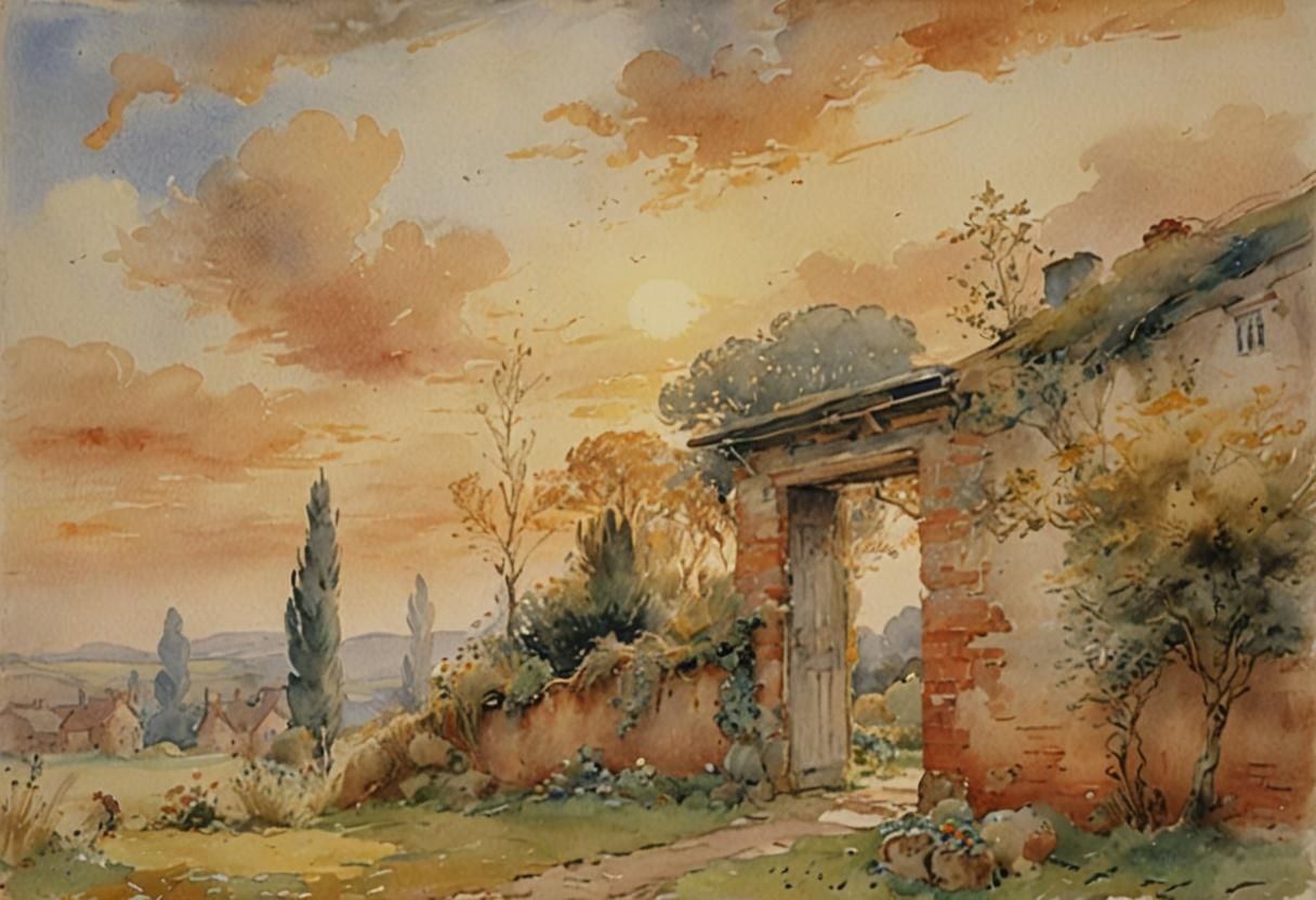 Heavenly Sunlit Landscape in Watercolour Style