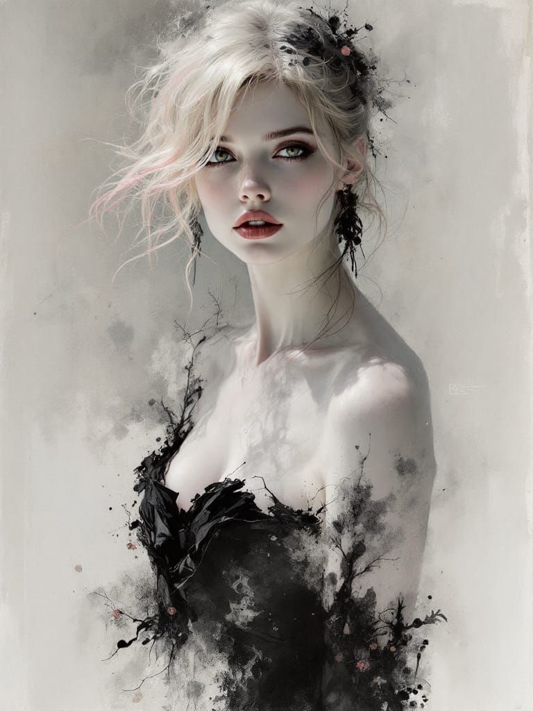 Gothic Pin-Up Woman with Ink Bloom Dress