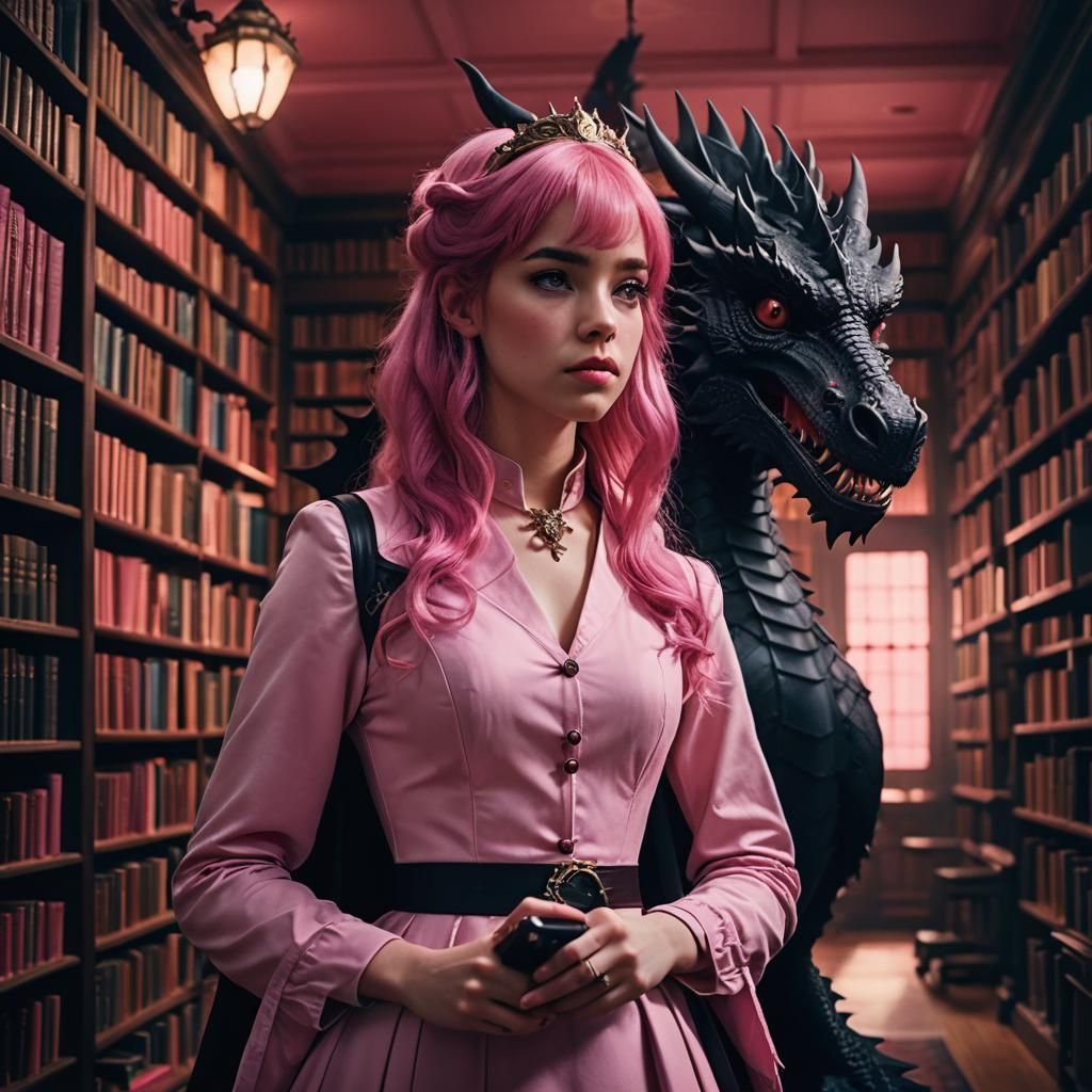 Majestic Princess Meets Dark Dragon in Whimsical Library Set...
