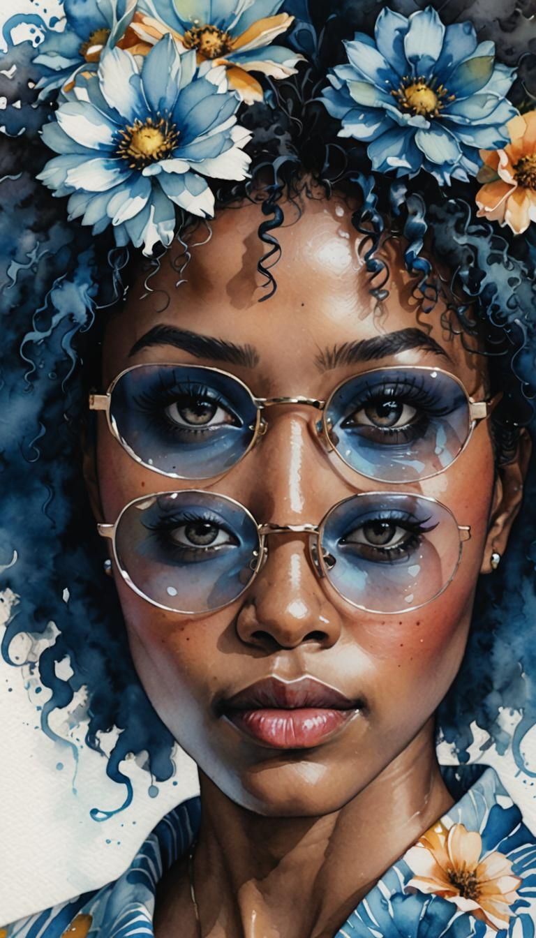 Photorealistic watercolor with alcohol ink of an Afro-Asian woman, NightCafe gonna give her double this and that even wi...