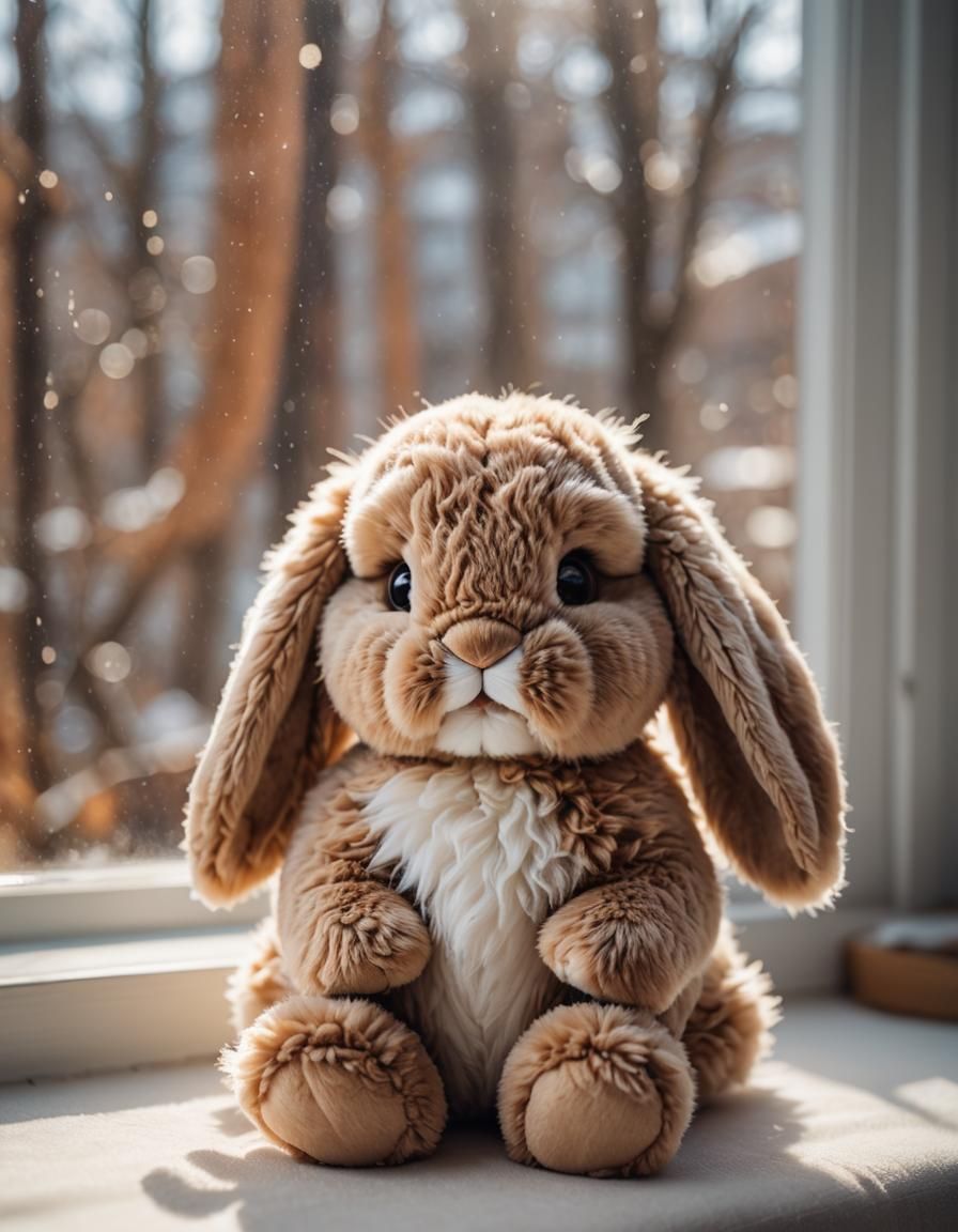 Cute Fluffy Bunny Plushie on a Window Sill
