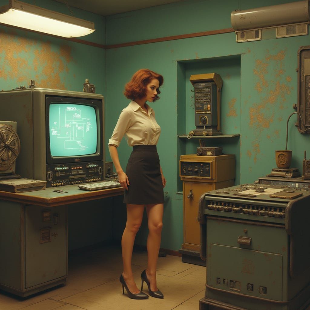 Legendary Woman in Vintage Computer Room: Digital Art