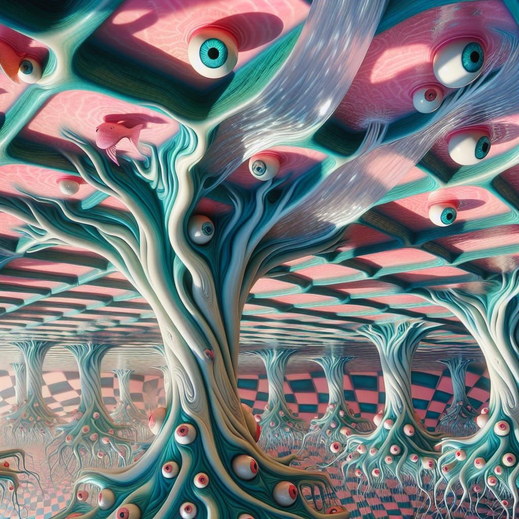 Surreal Dream World With Checkerboard Ground and Eyeball Tre...