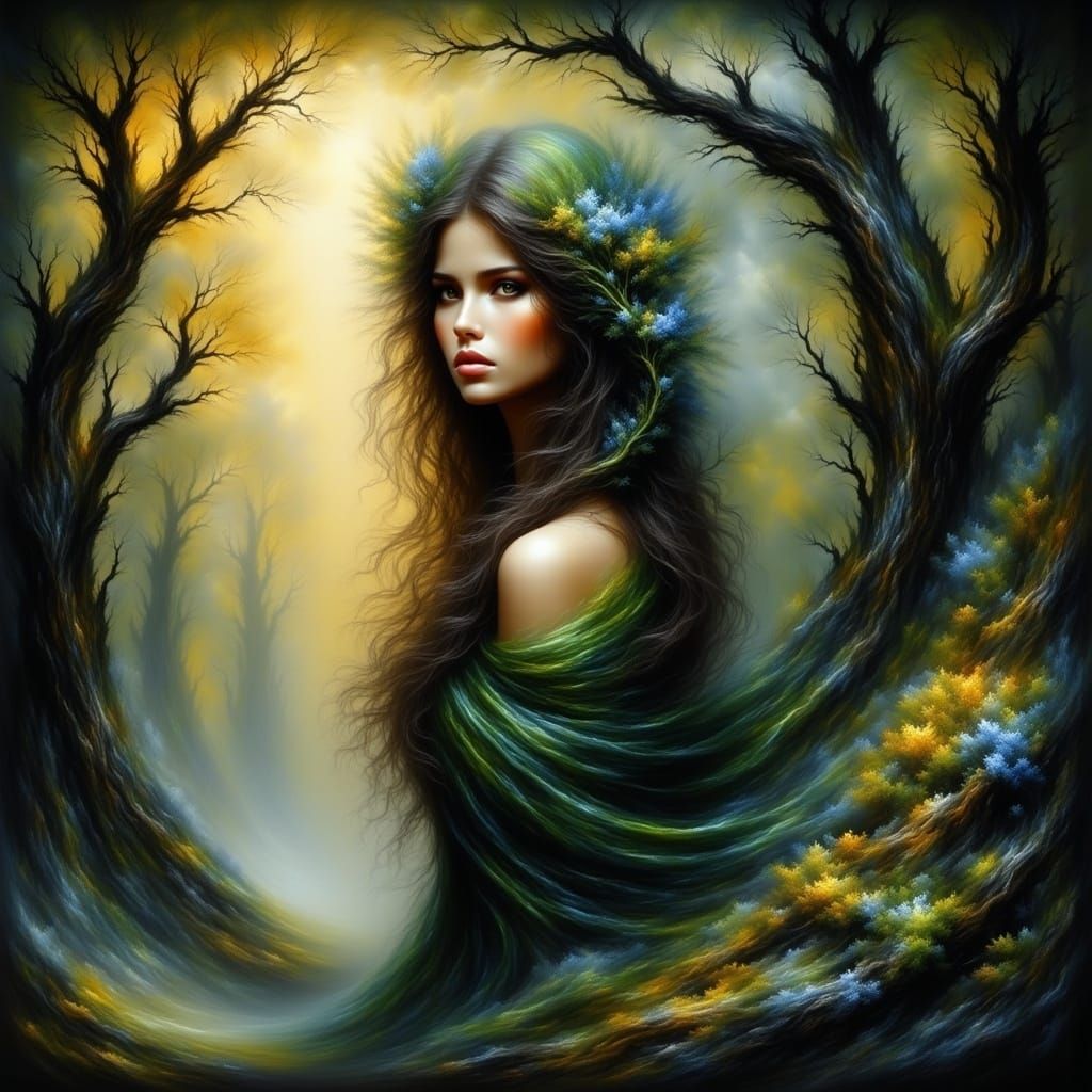 Ethereal Forest Goddess in Sunlight: Dreamy Illustration