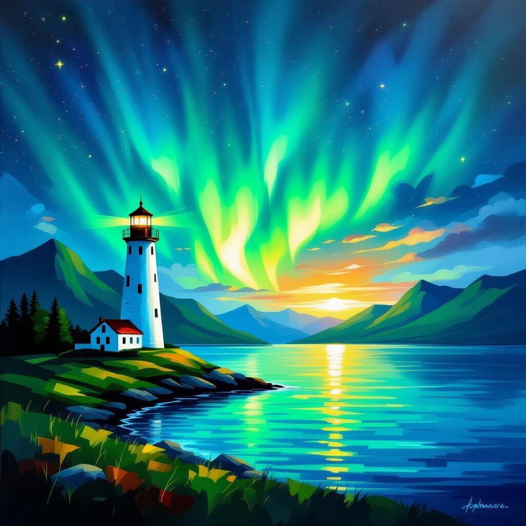Serene Lighthouse Under Aurora Borealis in Impressionistic S...