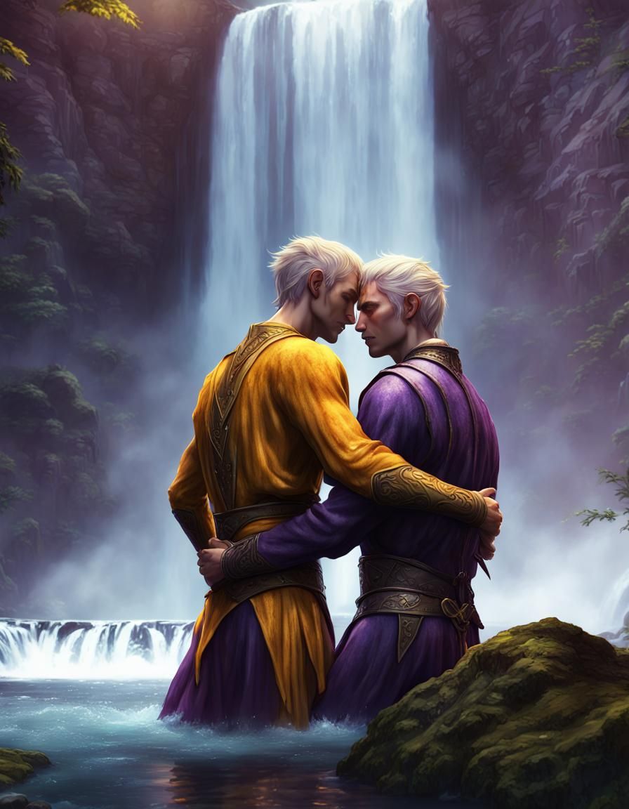 Elven Embrace Under Waterfall: Dark Fantasy Art