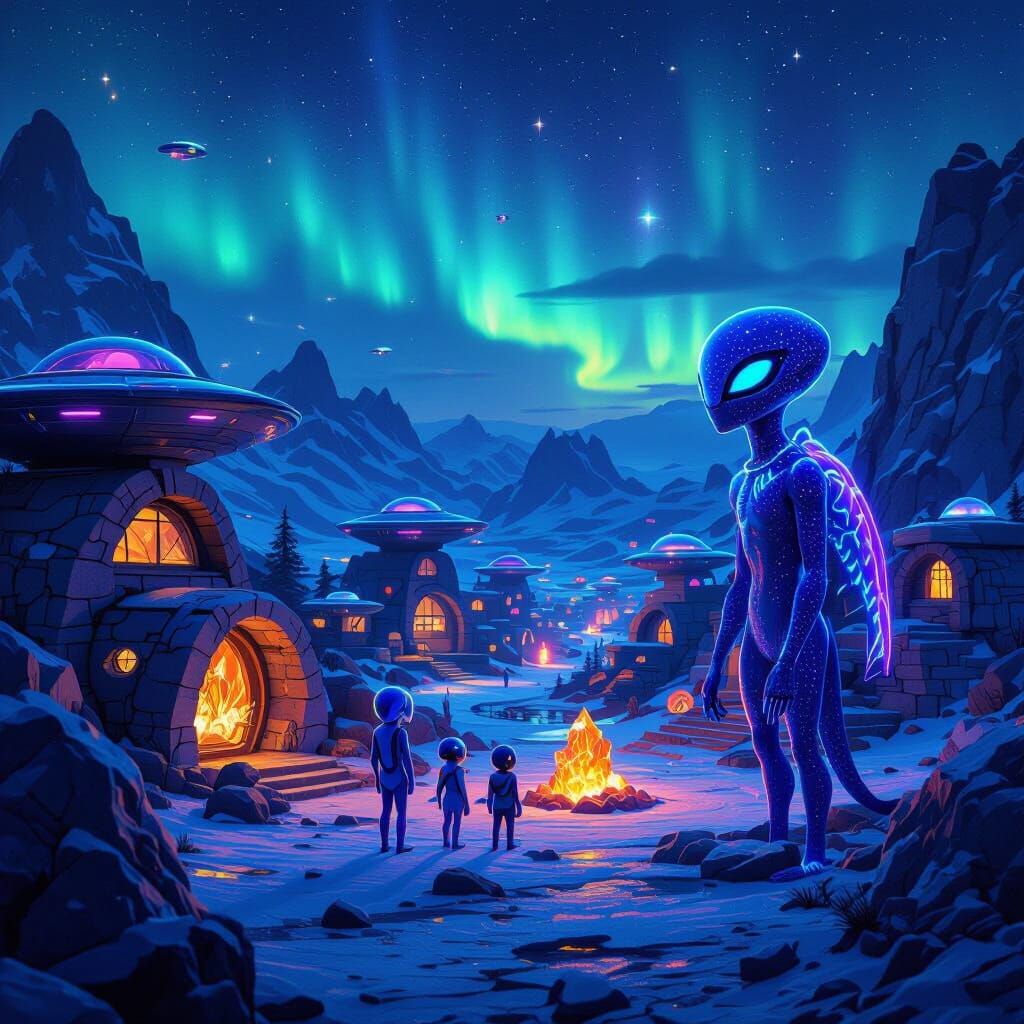 Pluto Night Scene with Blue Aliens and Neon Glow