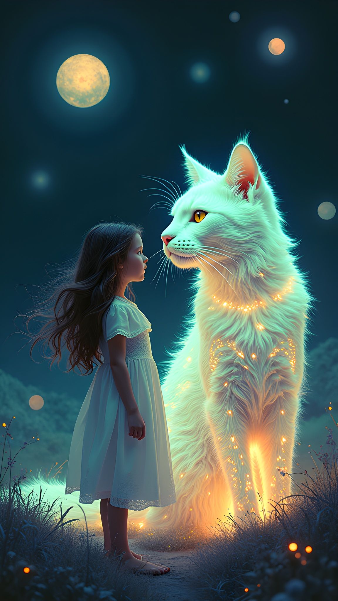Neon Surreal Girl and Glowing Cat in Psychedelic Style