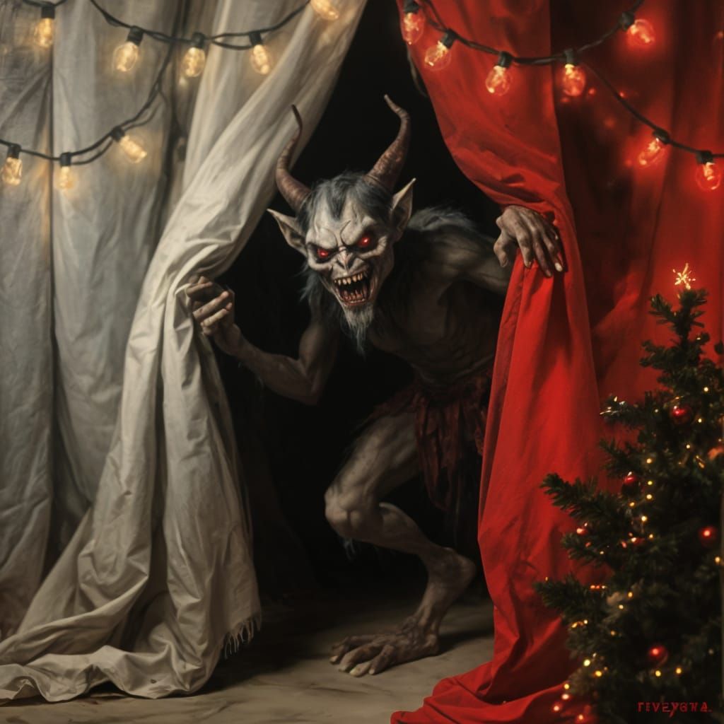 Evil Krampus Hiding in Christmas Lights Oil Painting