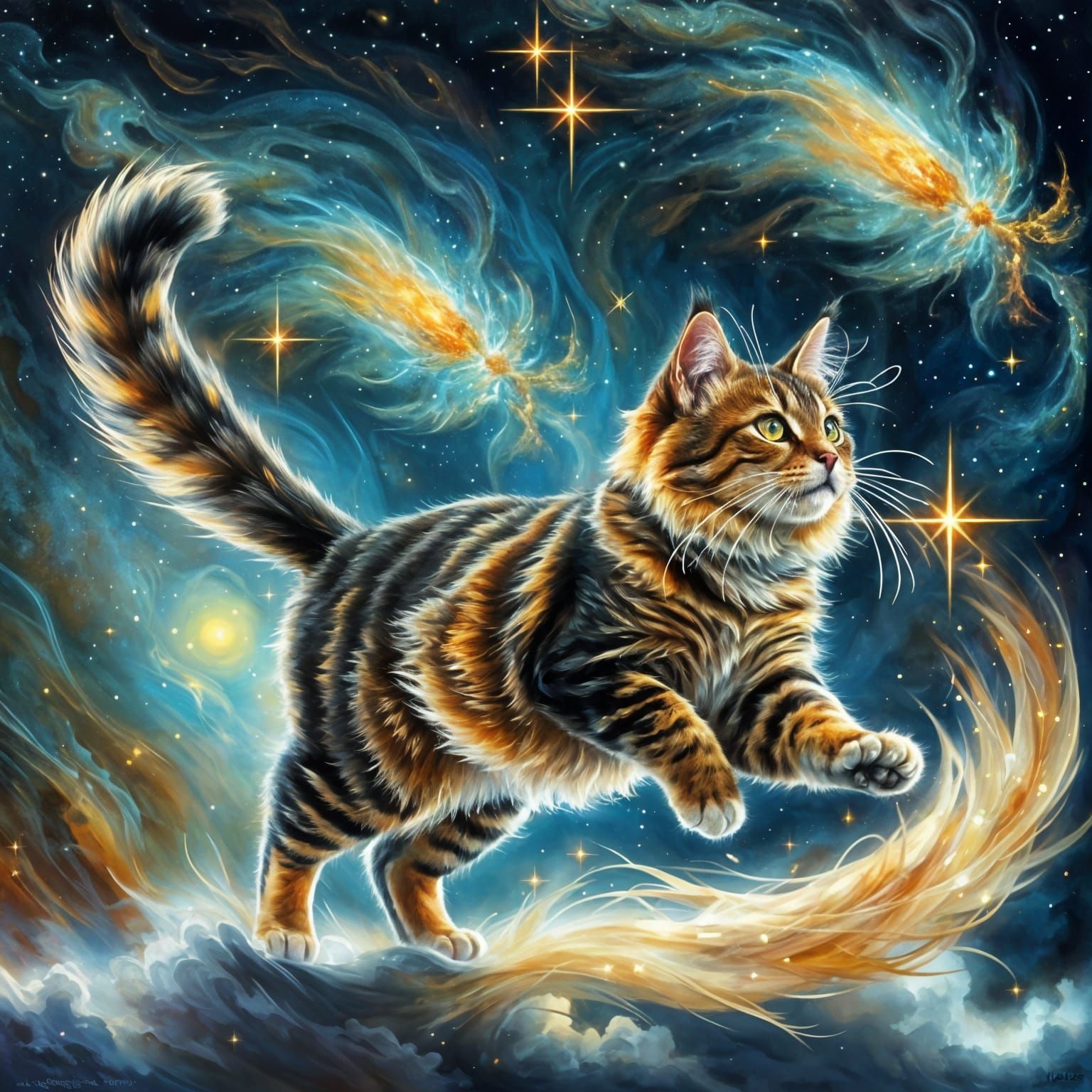 Ethereal Tabby Cat Reaching for Stardust