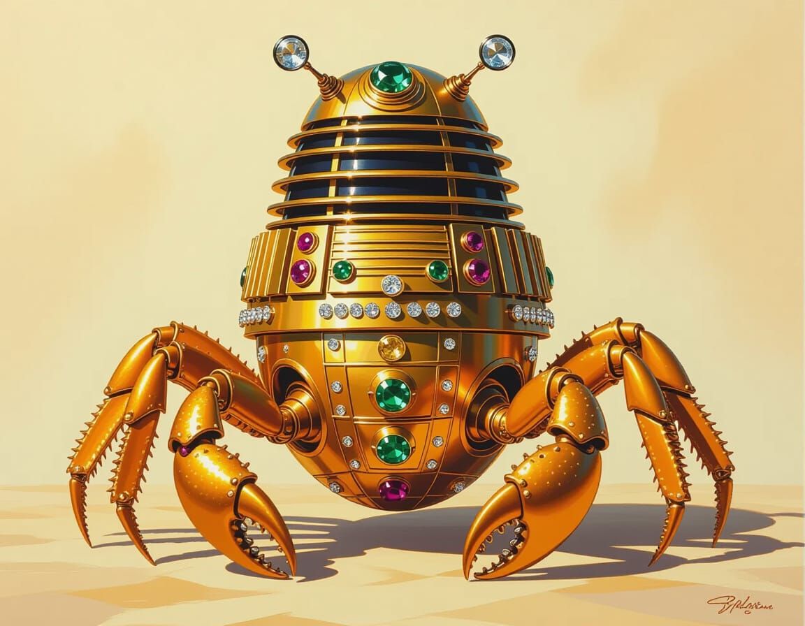 Golden Dalek with Gems in Hyperrealistic Oil Painting Style