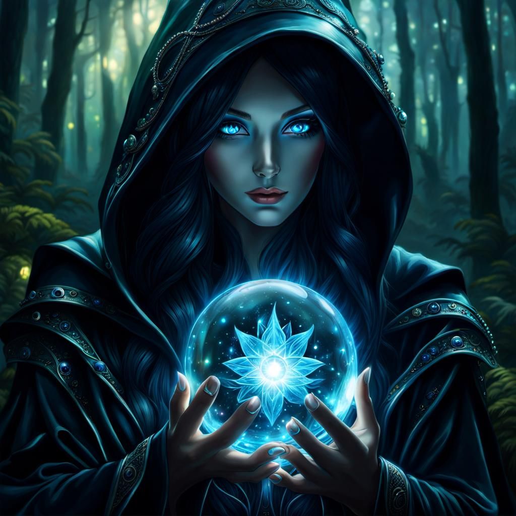 Ethereal Witch in Bioluminescent Forest at Sunrise