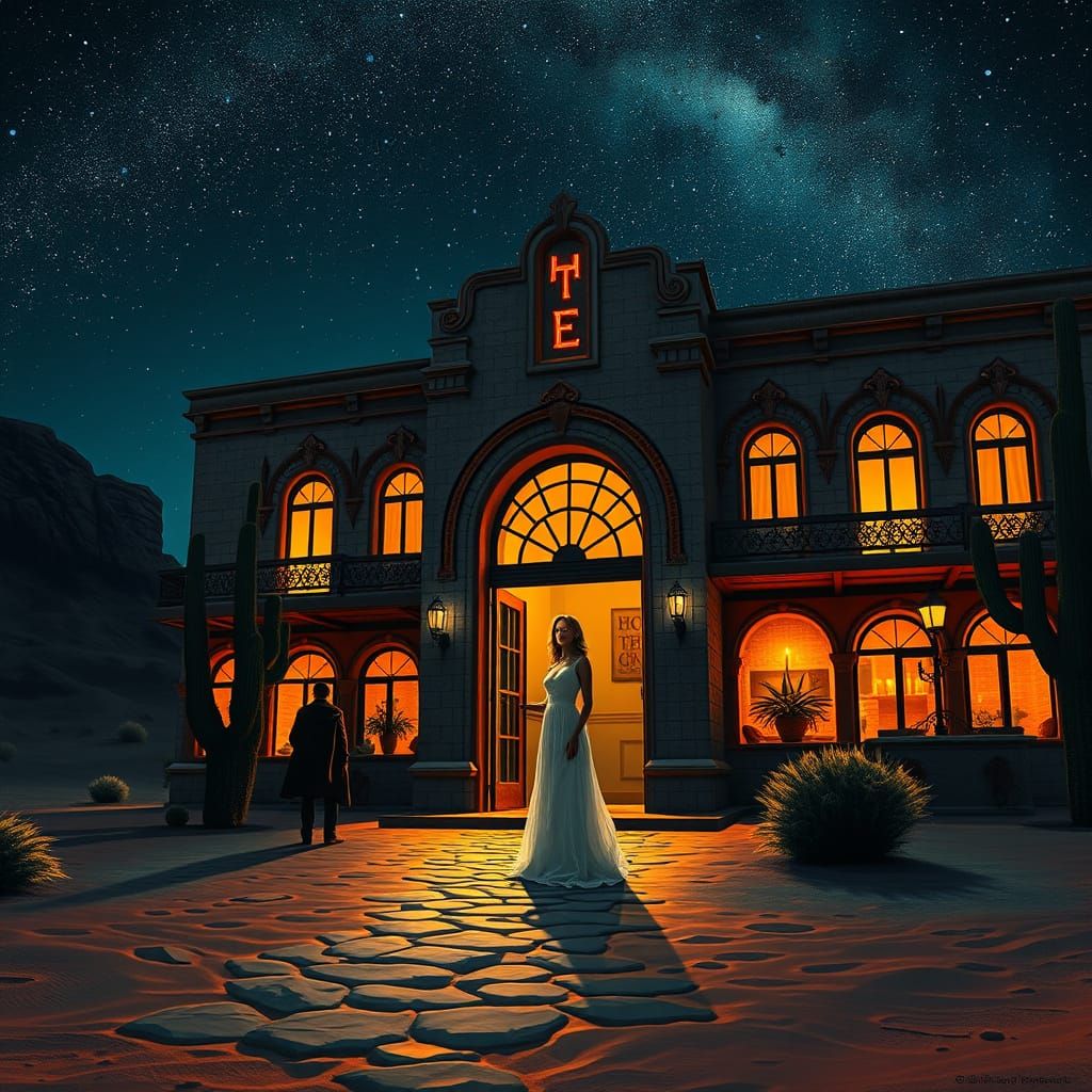 Ethereal Desert Oasis Hotel in Spanish Colonial Art Deco Sty...